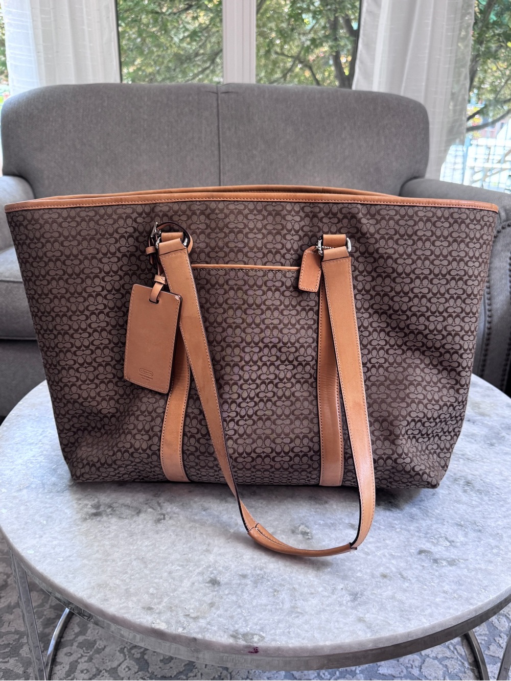 Coach Brown Signature weekend Tote with Tan Trim and Leather Straps